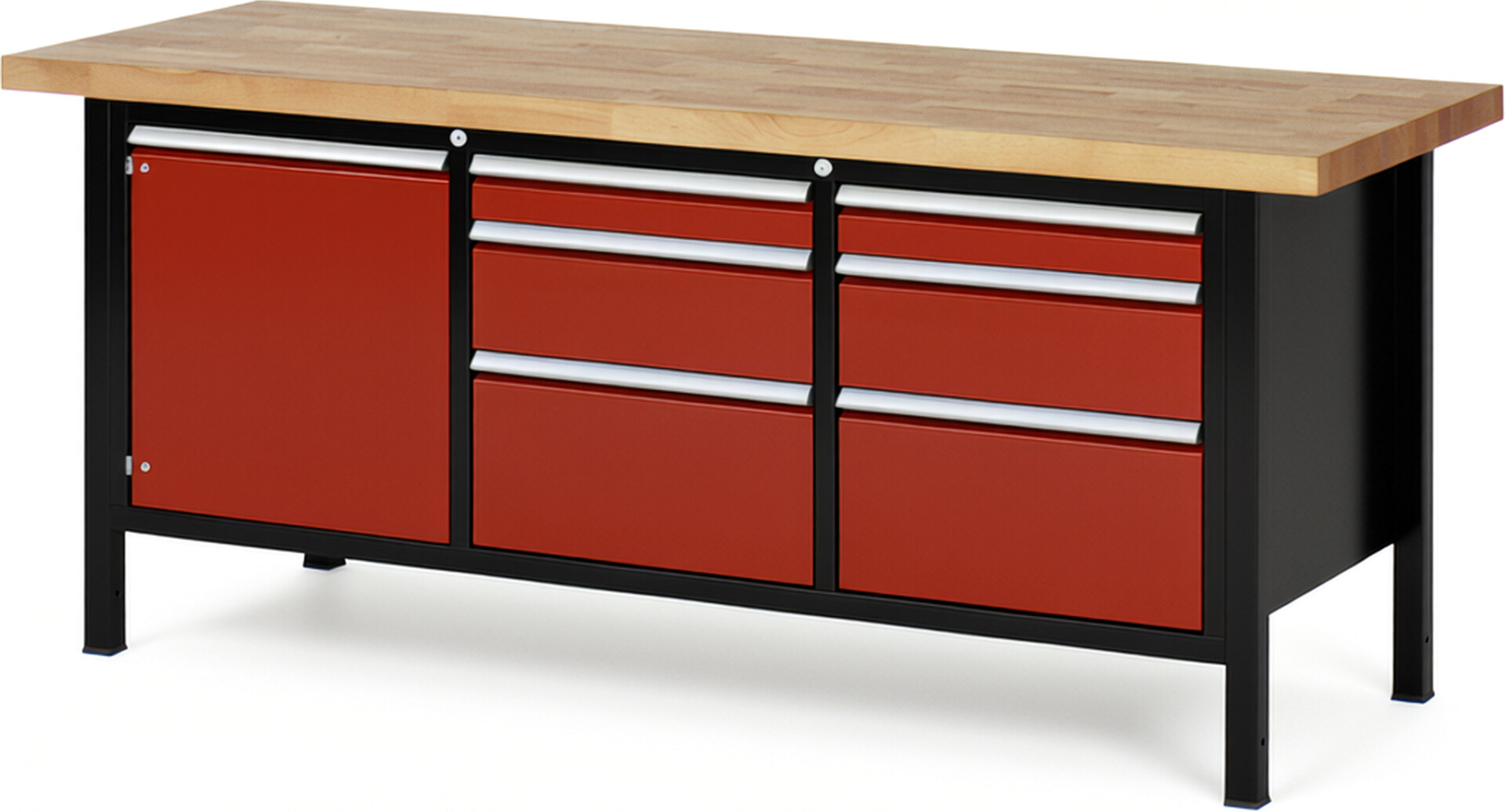 RAU Werkbank schwarz - rot - Breite 200 cm - Tiefe 70 cm - Höhe 104 cm - Buche-Massiv Arbeitsplatte 40 mm