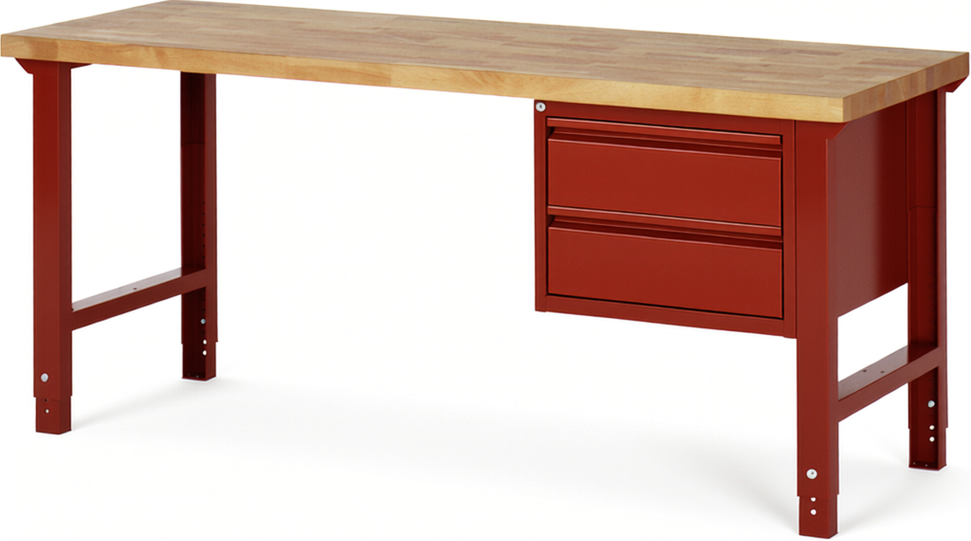 Werkbank rot, BxTxH 2000x700x790-1140 mm, Platte Buche 40 mm 40 mm, 2 Schubladen 180 mm, RAL 3000/3000