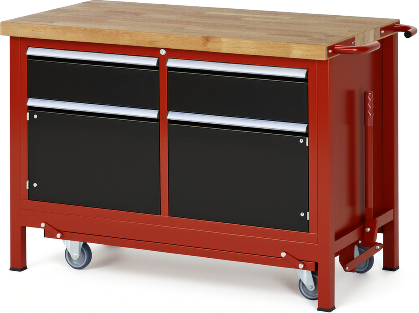 Absenkbare Werkbank Modell 8466 rot - schwarz, BxTxH 1250x700x880 mm,  Buche-Massiv Arbeitsplatte 40 mm,  2 Schubladen mit  Vollauszug 100 % und  SoftClosing