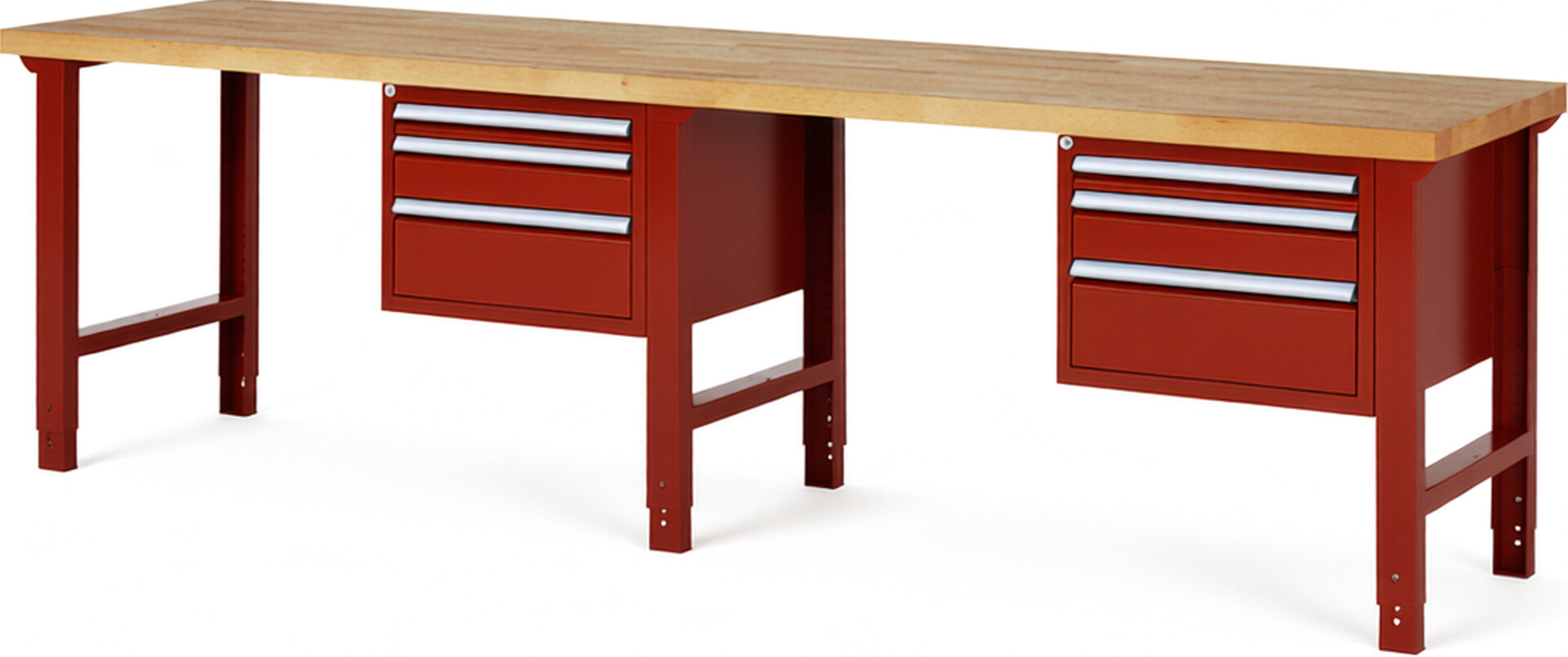Werkbank Modell 7126 rot, BxTxH 3000x700x790-1140 mm,  Buche-Massiv Arbeitsplatte 40 mm,  6 Schubladen mit  Auszug 90 %