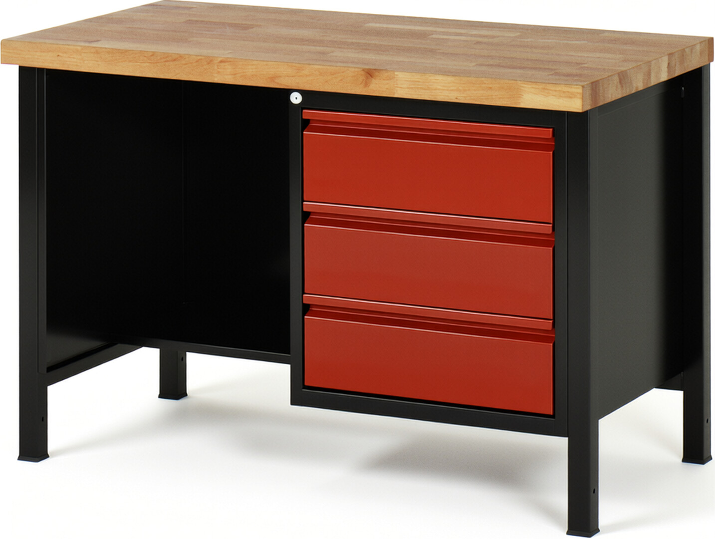 Werkbank schwarz - rot, Breite 125 cm, Tiefe 70 cm, Höhe 104 cm, 3 Schublade(n), Platte: Buche-Massiv-Arbeitsplatte