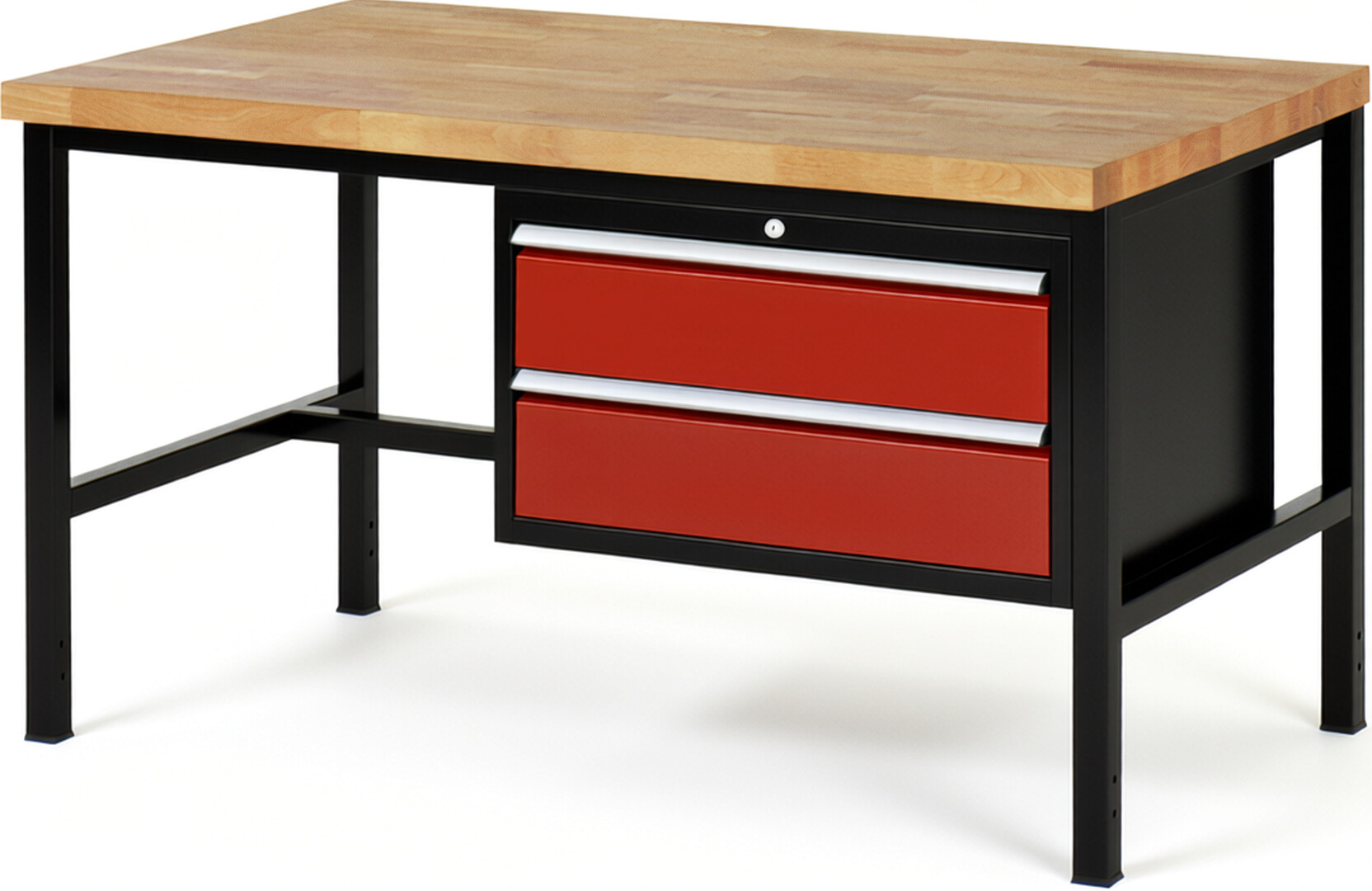 RAU Werkbank schwarz - rot - Breite 150 cm - Tiefe 90 cm - Höhe 104 cm - Buche-Massiv Arbeitsplatte 40 mm