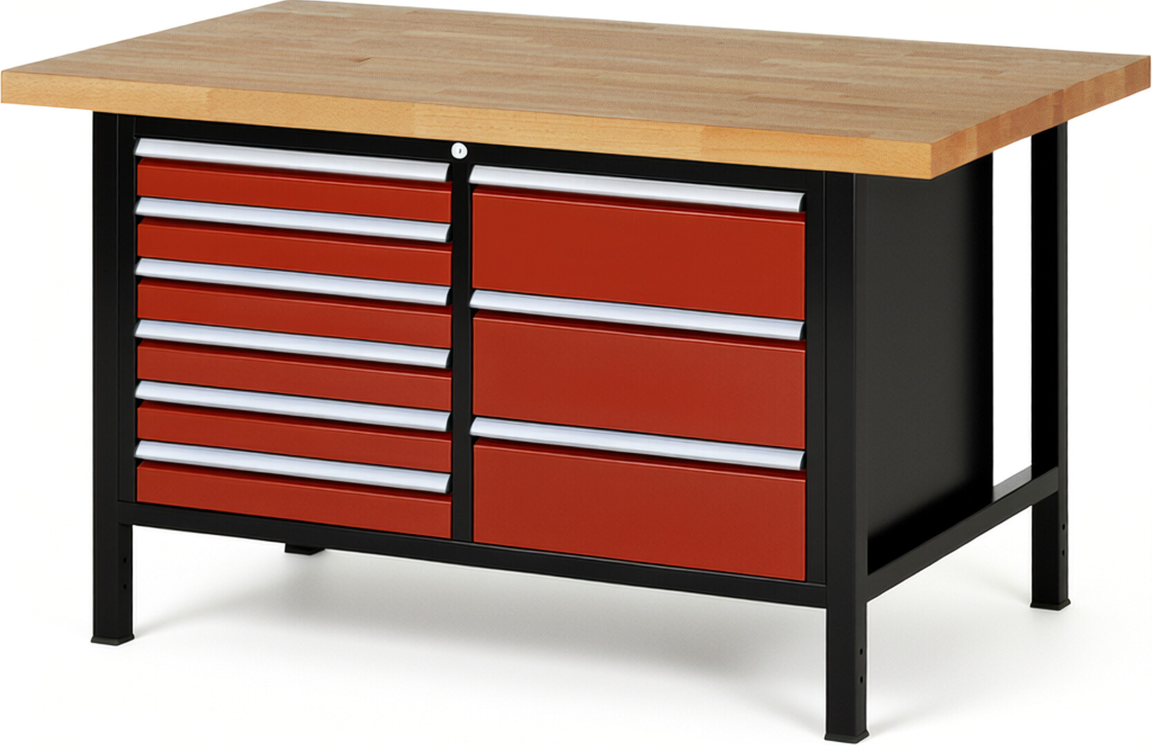 RAU Werkbank schwarz - rot - Breite 150 cm - Tiefe 90 cm - Höhe 104 cm - Buche-Massiv Arbeitsplatte 40 mm