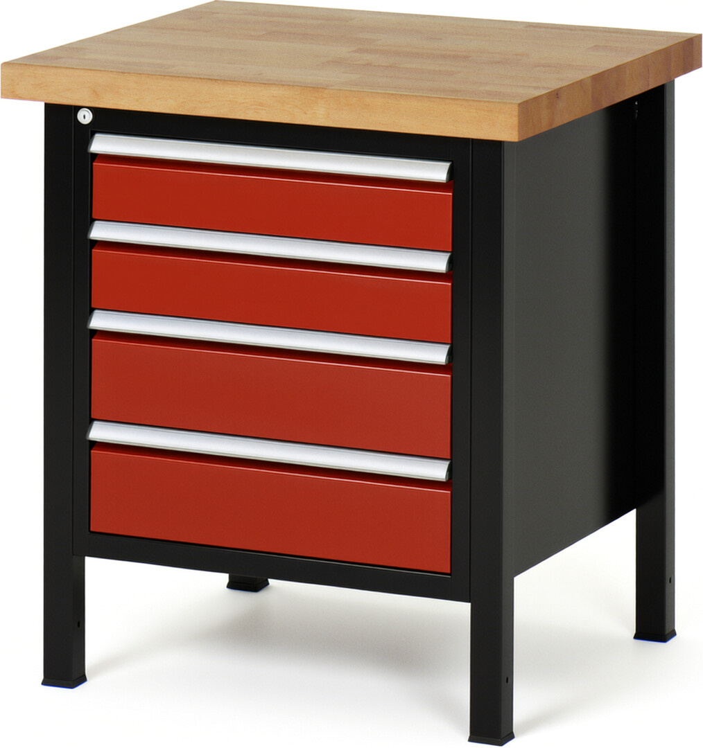 RAU Werkbank schwarz - rot - Breite 75 cm - Tiefe 70 cm - Höhe 104 cm - Buche-Massiv Arbeitsplatte 40 mm