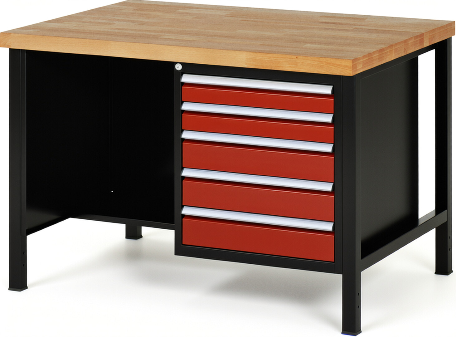 RAU Werkbank schwarz - rot - Breite 125 cm - Tiefe 90 cm - Höhe 104 cm - Buche-Massiv Arbeitsplatte 40 mm