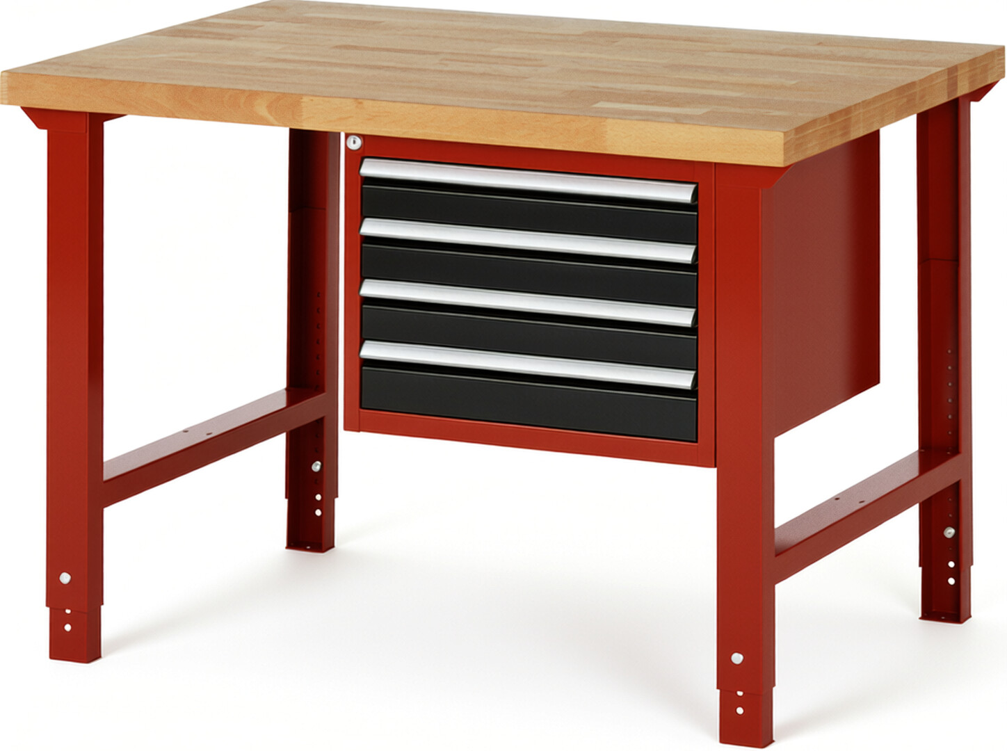 Werkbank Modell 7133 rot - schwarz, BxTxH 1250x900x790-1140 mm,  Buche-Massiv Arbeitsplatte 40 mm,  4 Schubladen mit  Vollauszug 100 % und  SoftClosing