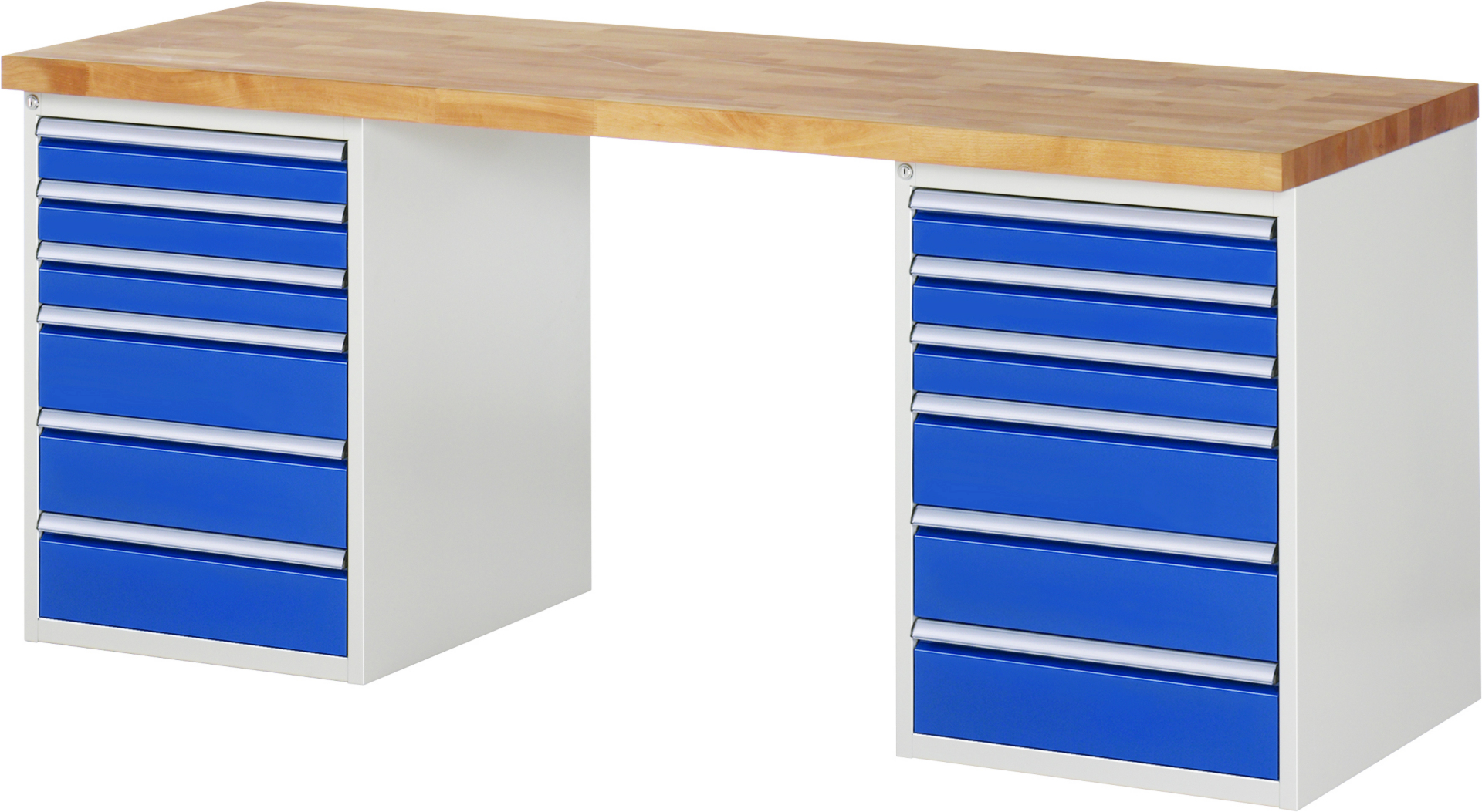 Werkbank Modell 7515 rot - schwarz, BxTxH 2000x700x890 mm,  Buche-Massiv Arbeitsplatte 40 mm,  12 Schubladen mit  Vollauszug 100 % und  SoftClosing