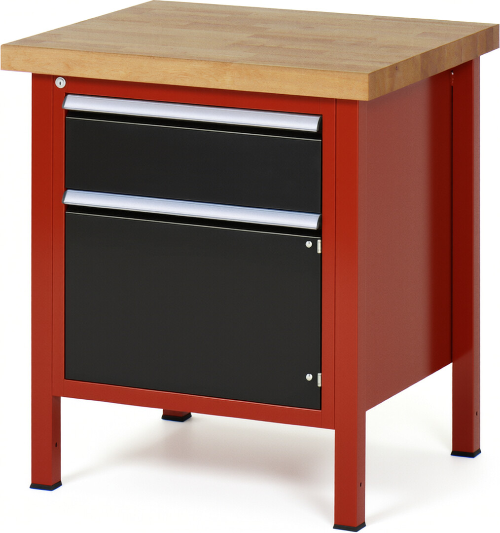 Werkbank Modell 8152 rot - schwarz, BxTxH 750x700x840 mm,  Buche-Massiv Arbeitsplatte 40 mm,  1 Schublade mit  Auszug 90 %