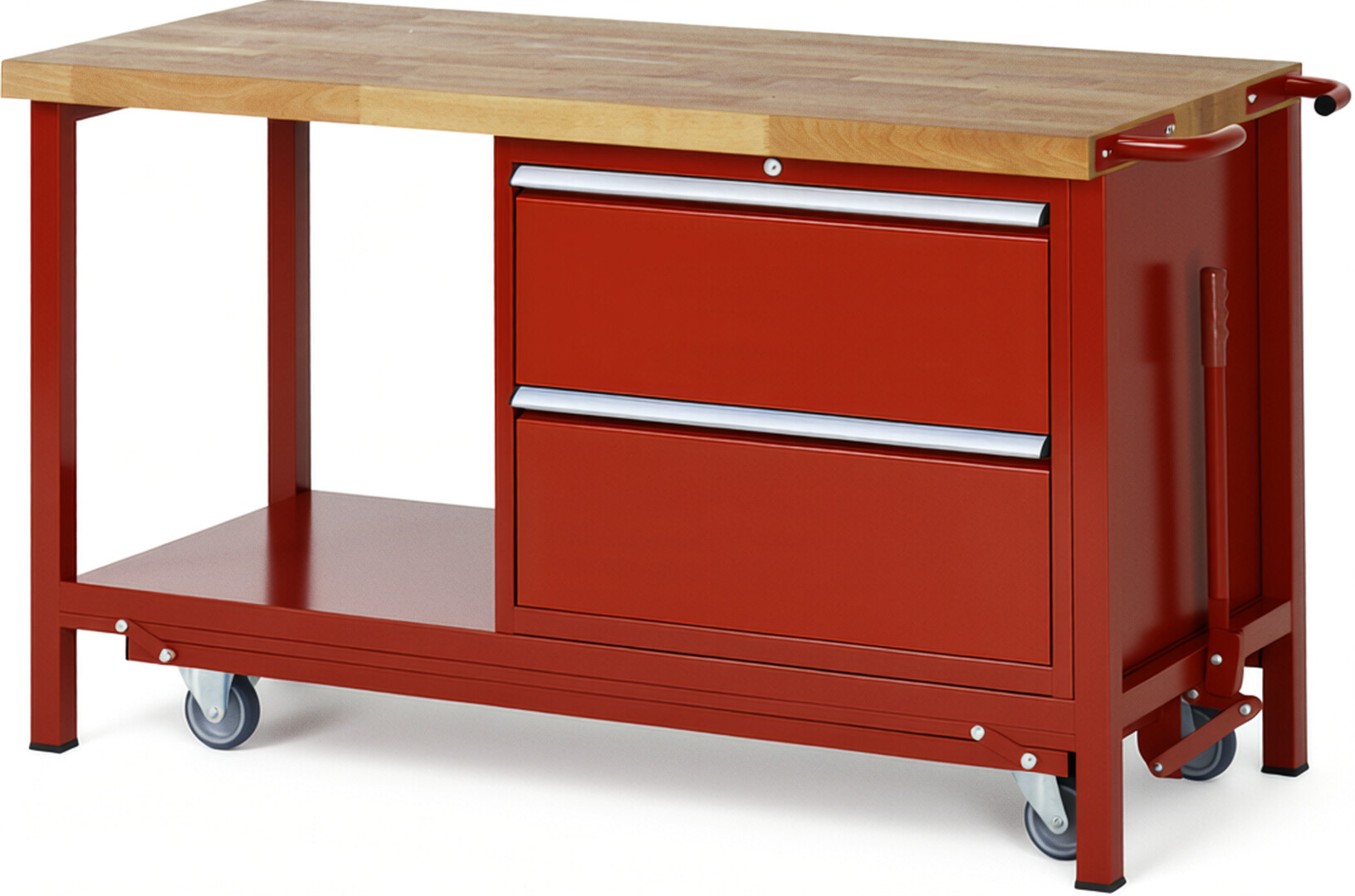 Absenkbare Werkbank Modell 8255 rot, BxTxH 1500x700x880 mm,  Buche-Massiv Arbeitsplatte 40 mm,  2 Schubladen mit  Auszug 90 %