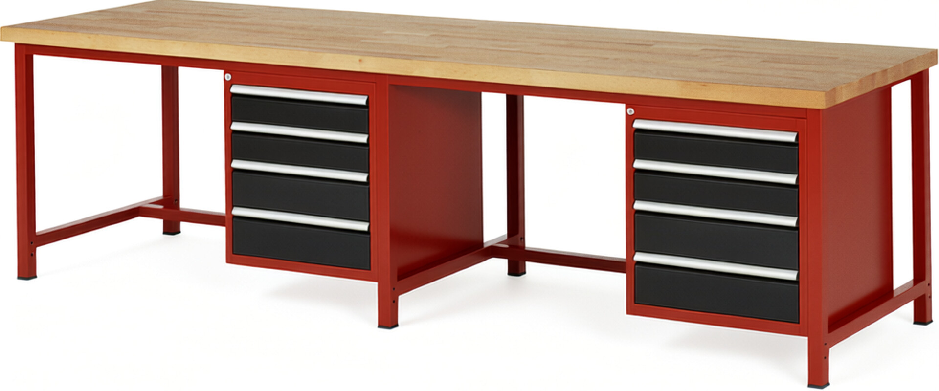 Werkbank Modell 8162 rot - schwarz, BxTxH 3000x900x840-1040 mm,  Buche-Massiv Arbeitsplatte 40 mm,  8 Schubladen mit  Auszug 90 %