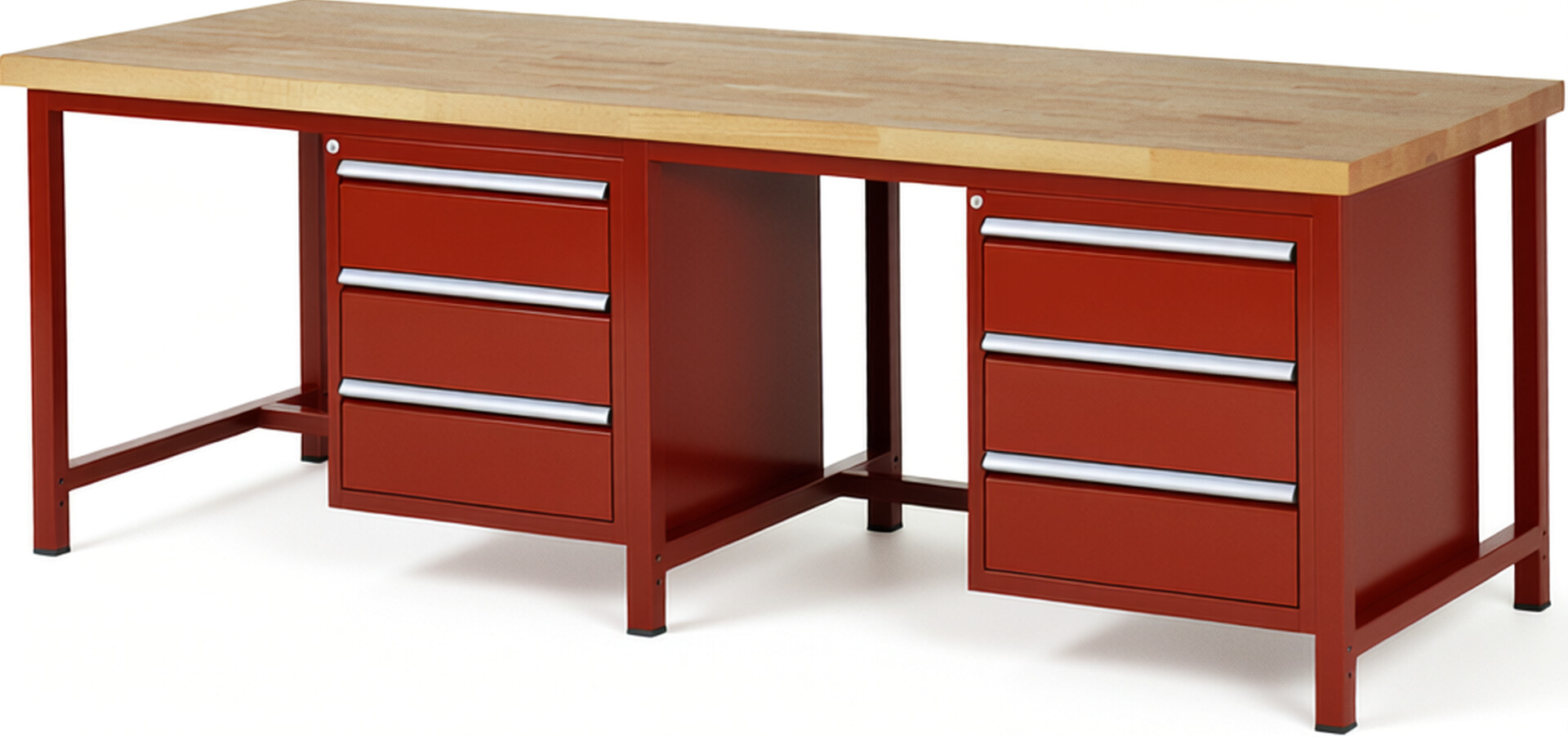 Werkbank Modell 8157 rot, BxTxH 2500x900x840 mm,  Buche-Massiv Arbeitsplatte 40 mm,  6 Schubladen mit  Vollauszug 100 % und  SoftClosing