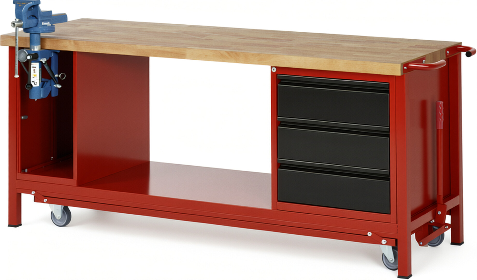 Absenkbare Werkbank - Modell 8183 BASIC rot - schwarz, BxTxH 2000x700x880 mm,  Buche-Massiv Arbeitsplatte 40 mm,  3 Schubladen mit  Auszug 90 %