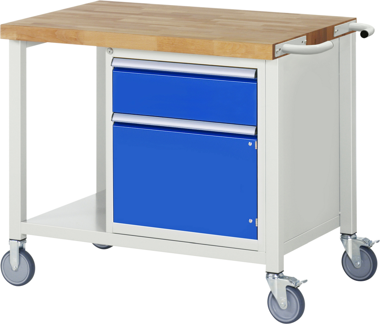 Fahrbare Werkbank Modell 8152 schwarz, BxTxH 1000x700x880-1080 mm,  Buche-Massiv Arbeitsplatte 40 mm,  1 Schublade mit  Vollauszug 100 % und  SoftClosing