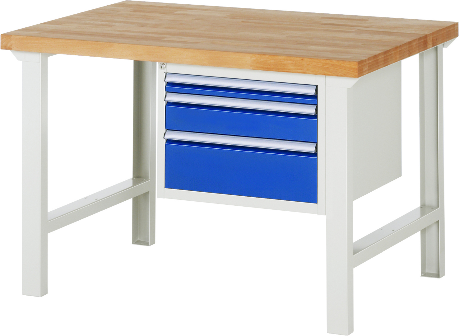 Werkbank Modell 7126 rot - schwarz, BxTxH 1250x900x840 mm,  Buche-Massiv Arbeitsplatte 40 mm,  3 Schubladen mit  Vollauszug 100 % und  SoftClosing