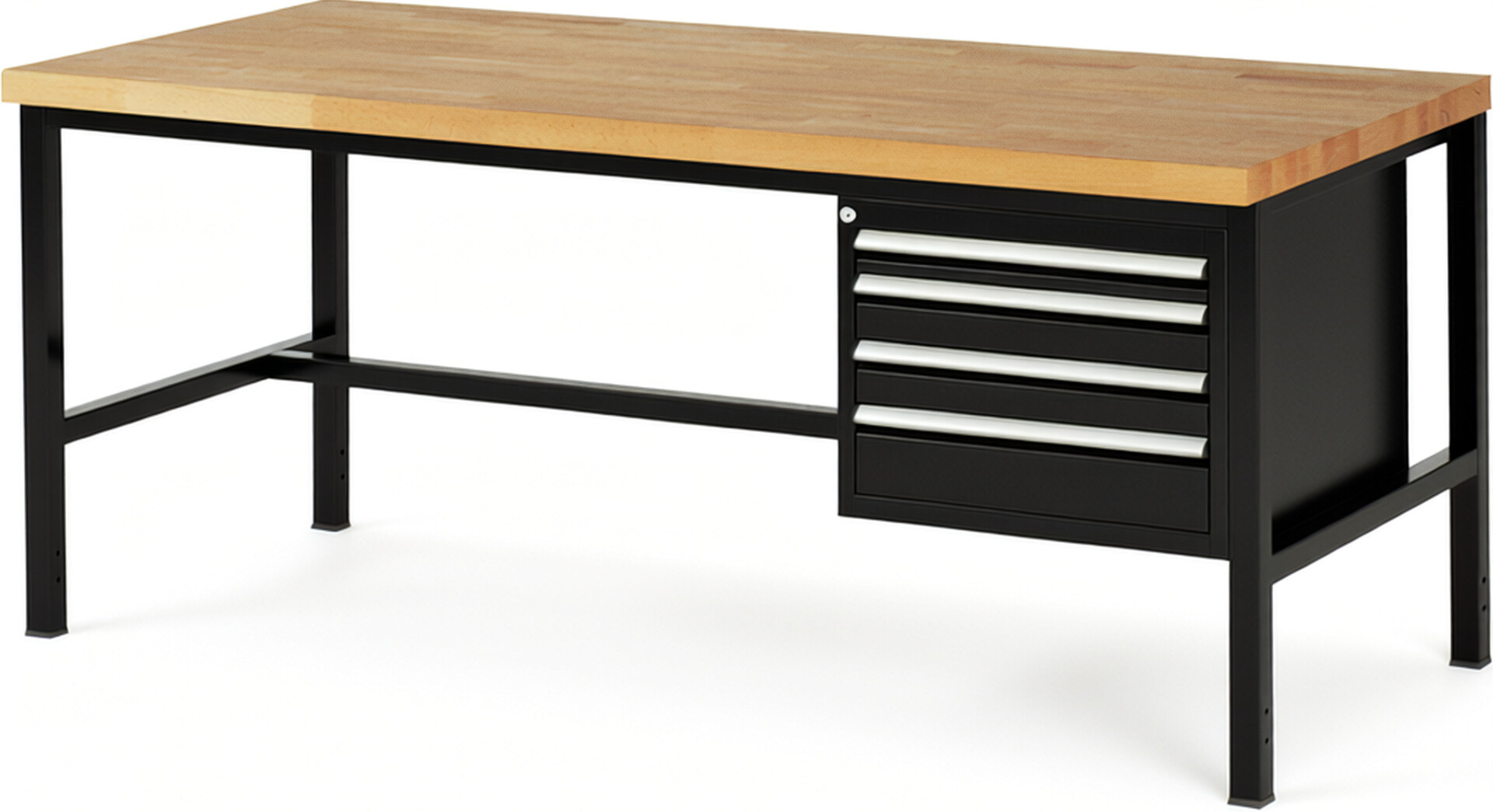 Werkbank Modell 8132 schwarz, BxTxH 2000x900x840 mm,  Buche-Massiv Arbeitsplatte 40 mm,  4 Schubladen mit  Vollauszug 100 % und  SoftClosing