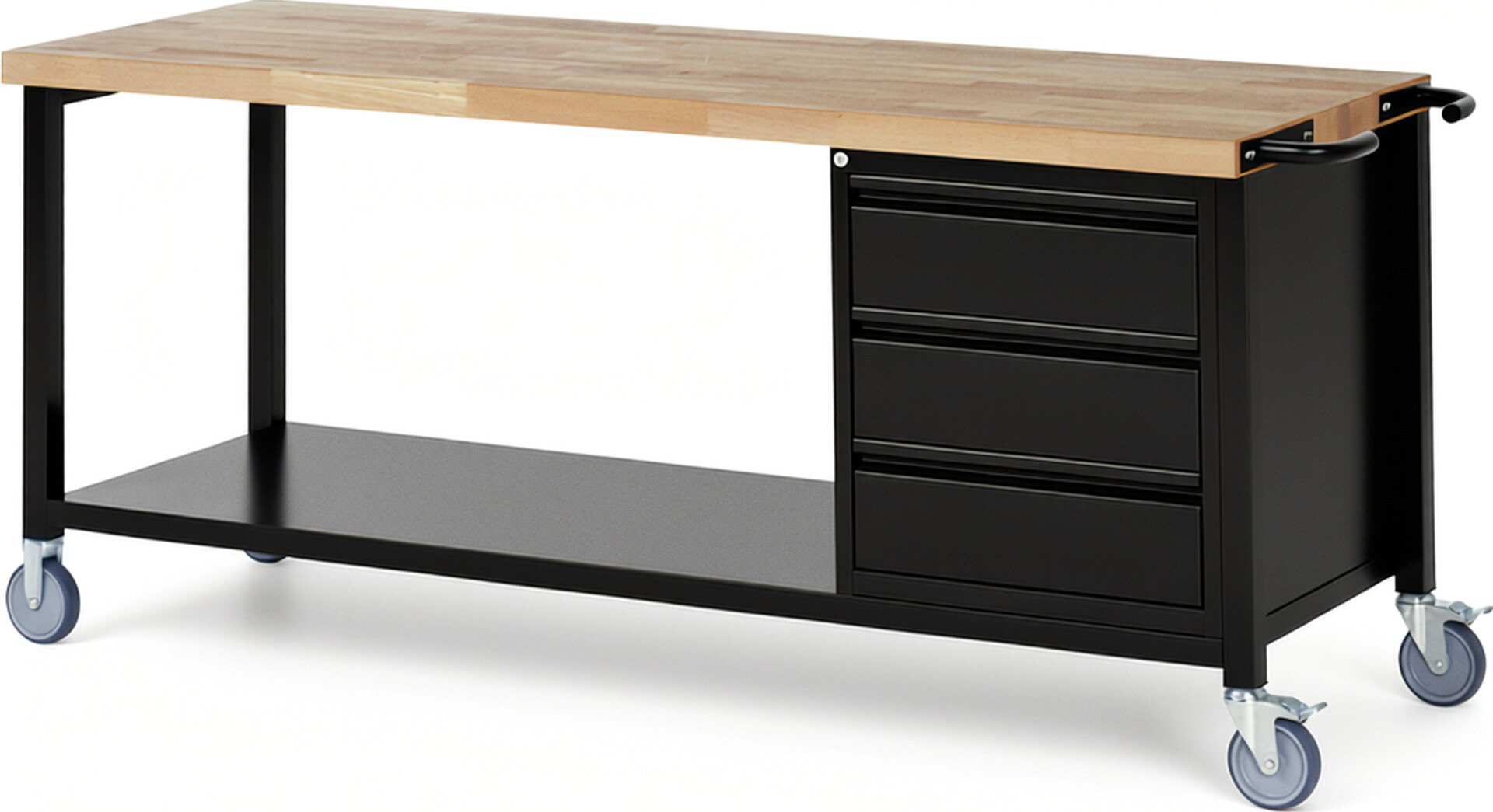 Fahrbare Werkbank - Modell 8157 BASIC schwarz, BxTxH 2000x700x880 mm,  Buche-Massiv Arbeitsplatte 40 mm,  3 Schubladen mit  Auszug 90 %