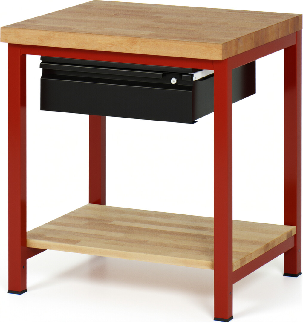 Werkbank - Modell 8001 BASIC rot - schwarz, BxTxH 750x700x840-1040 mm,  Buche-Massiv Arbeitsplatte 40 mm,  1 Schublade mit  Auszug 90 %