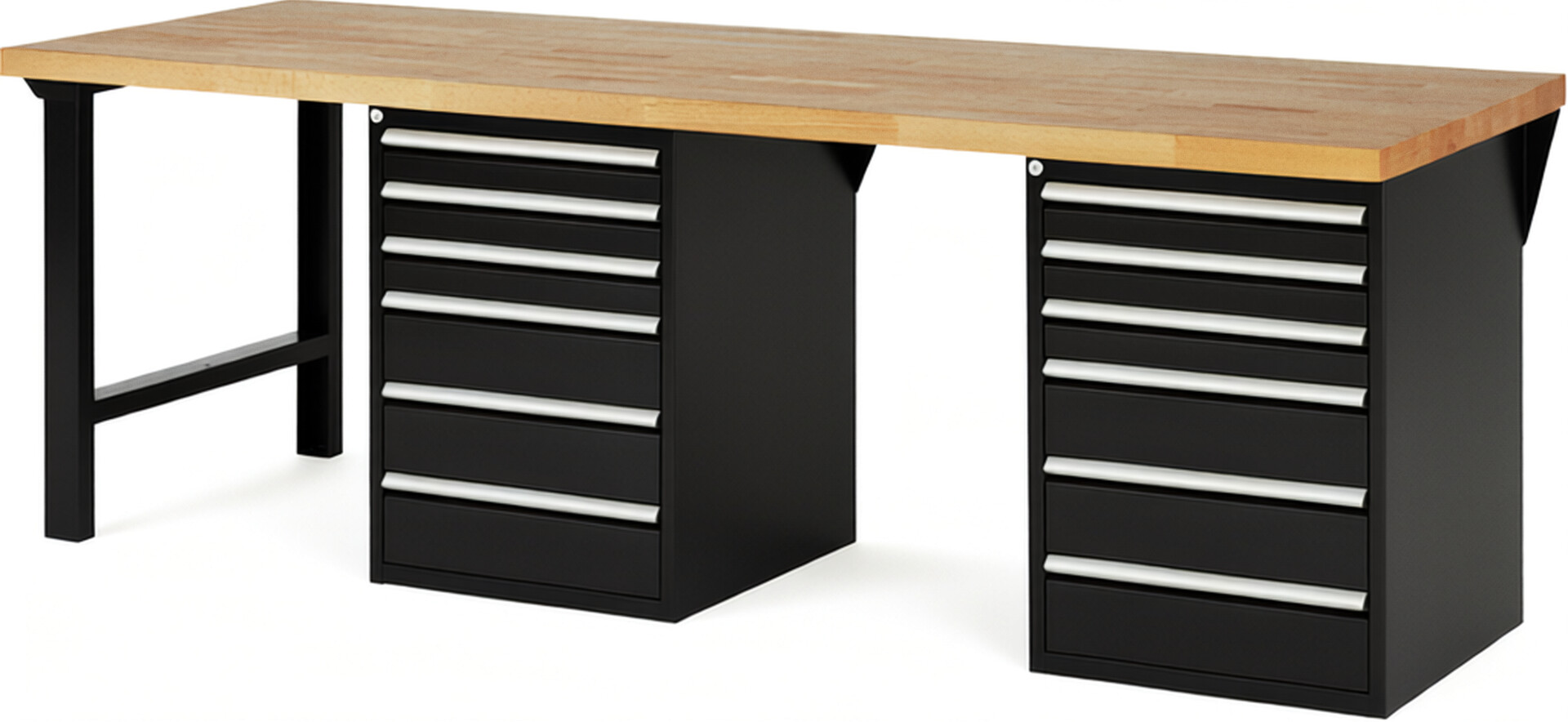 Werkbank Modell 7515 schwarz, BxTxH 2500x900x890 mm,  Buche-Massiv Arbeitsplatte 40 mm,  12 Schubladen mit  Auszug 90 %