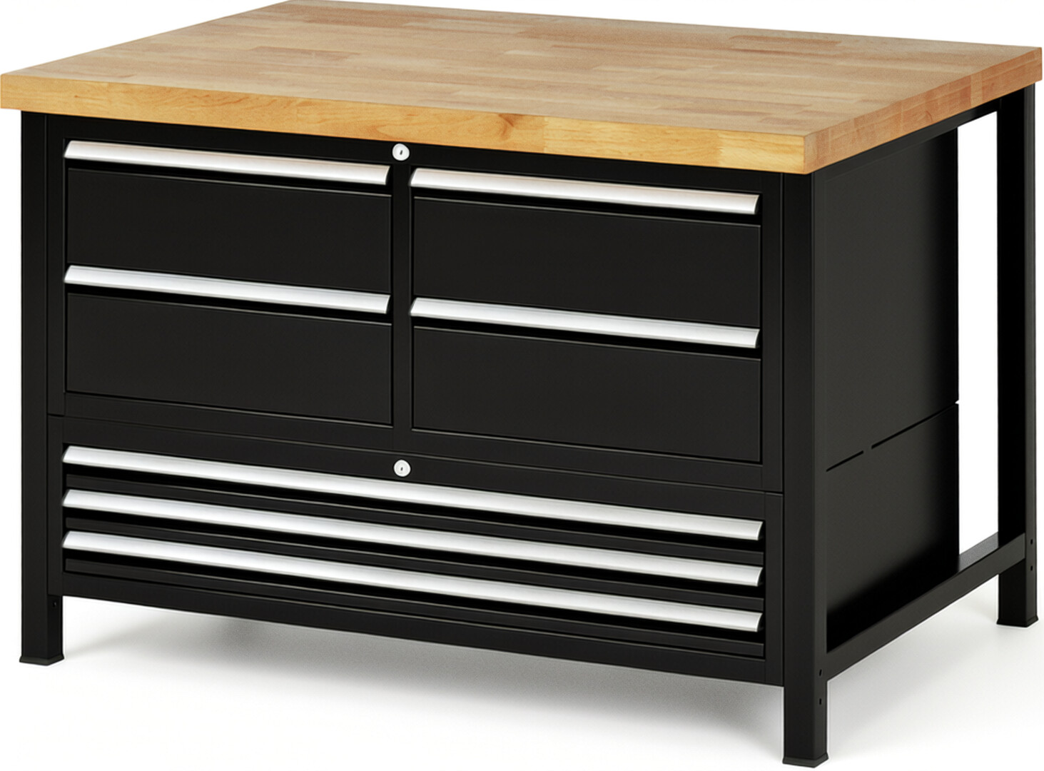 Werkbank Modell 8934 schwarz, BxTxH 1250x900x840 mm,  Buche-Massiv Arbeitsplatte 40 mm,  7 Schubladen mit  Auszug 90 %