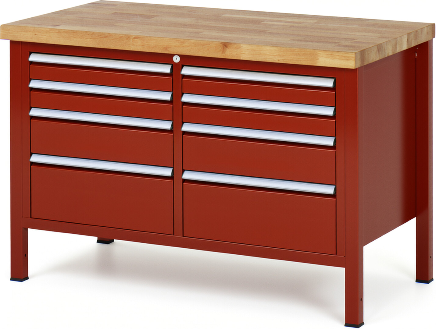 Werkbank Modell 8478 rot, BxTxH 1250x700x840-1040 mm,  Buche-Massiv Arbeitsplatte 40 mm,  8 Schubladen mit  Auszug 90 %