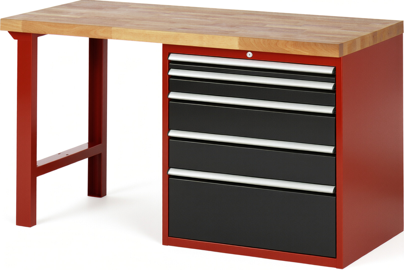 Werkbank Modell 7611 rot - schwarz, BxTxH 1500x700x840 mm,  Buche-Massiv Arbeitsplatte 40 mm,  5 Schubladen mit  Auszug 90 %