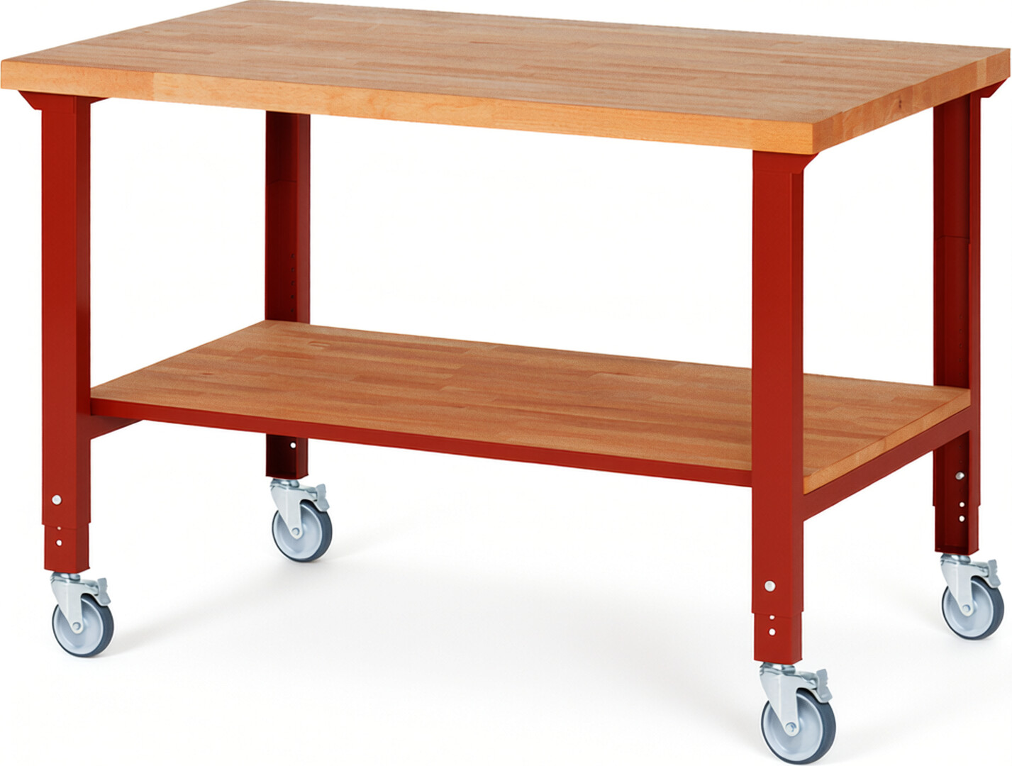 Fahrbare Werkbank Modell 7000 rot, BxTxH 1500x900x950-1000 mm,  Buche-Massiv Arbeitsplatte 40 mm