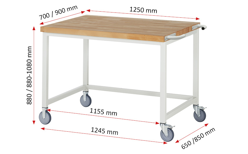 Fahrbare Werkbank Modell 8000 schwarz, BxTxH 1250x700x880-1080 mm,  Buche-Massiv Arbeitsplatte 40 mm