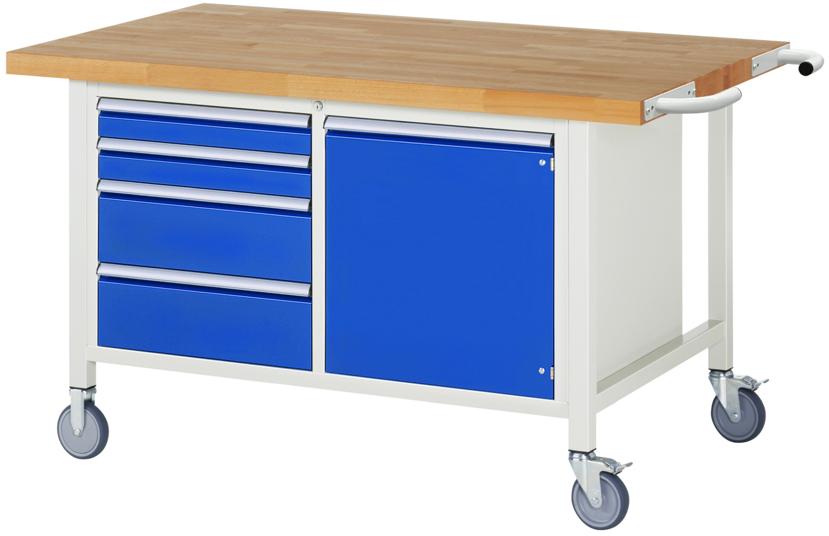 Fahrbare Werkbank Modell 8470 rot - schwarz, BxTxH 1500x900x880-1080 mm,  Buche-Massiv Arbeitsplatte 40 mm,  4 Schubladen mit  Vollauszug 100 % und  SoftClosing