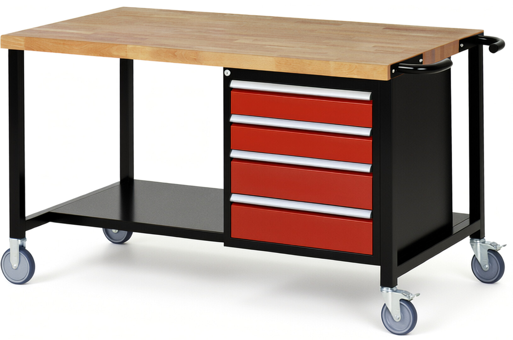 RAU Werkbank schwarz - rot - Breite 150 cm - Tiefe 90 cm - Höhe 88 cm - Buche-Massiv Arbeitsplatte 40 mm