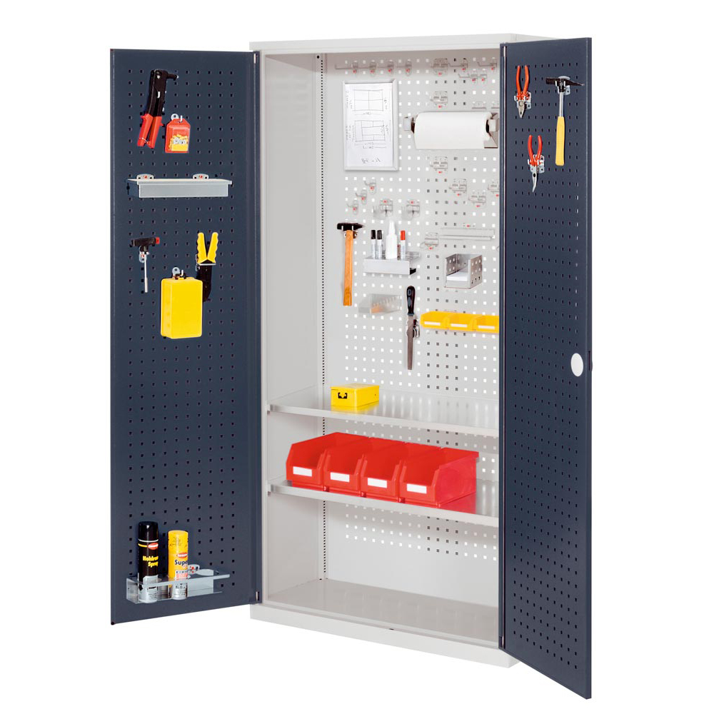 Werkzeugschrank, BxTxH 1000x500x1950 mm, 2 Fachböden, Türen mit Lochpl.,RAL 7016