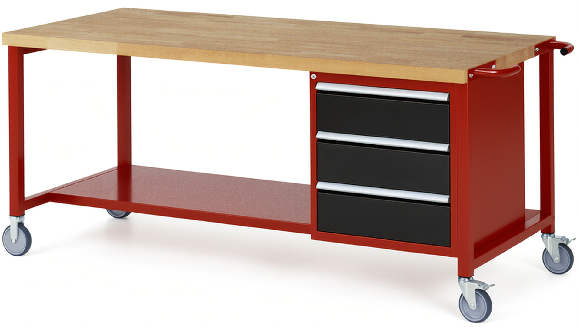 Fahrbare Werkbank Modell 8157 rot - schwarz, BxTxH 2000x900x880 mm,  Buche-Massiv Arbeitsplatte 40 mm,  3 Schubladen mit  Auszug 90 %