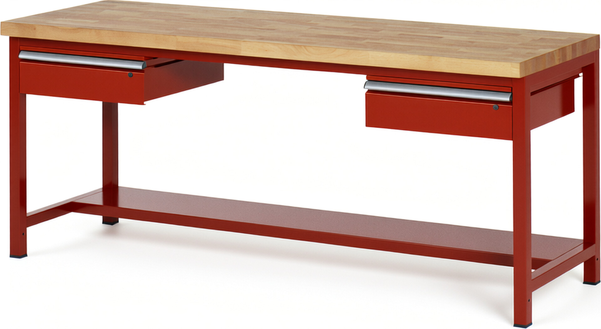 Werkbank Modell 8002 rot, BxTxH 2000x700x840 mm,  Buche-Massiv Arbeitsplatte 40 mm,  2 Schubladen mit  Auszug 90 %