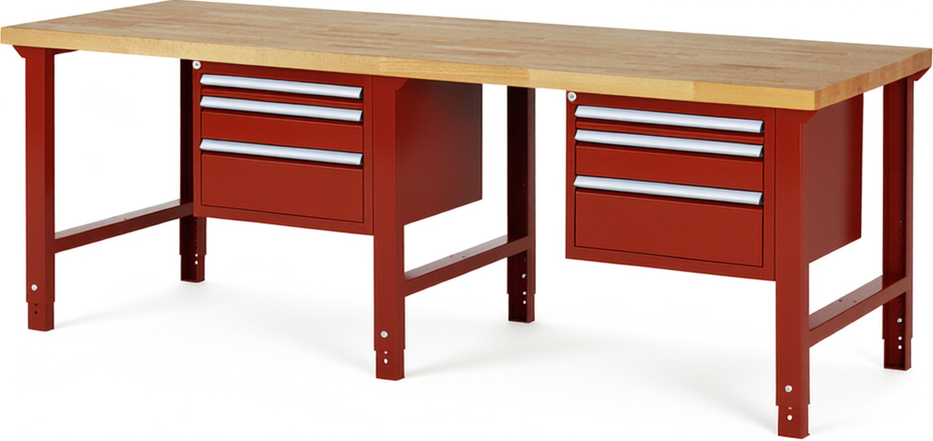 Werkbank Modell 7126 rot, BxTxH 2500x900x790-1140 mm,  Buche-Massiv Arbeitsplatte 40 mm,  6 Schubladen mit  Vollauszug 100 % und  SoftClosing