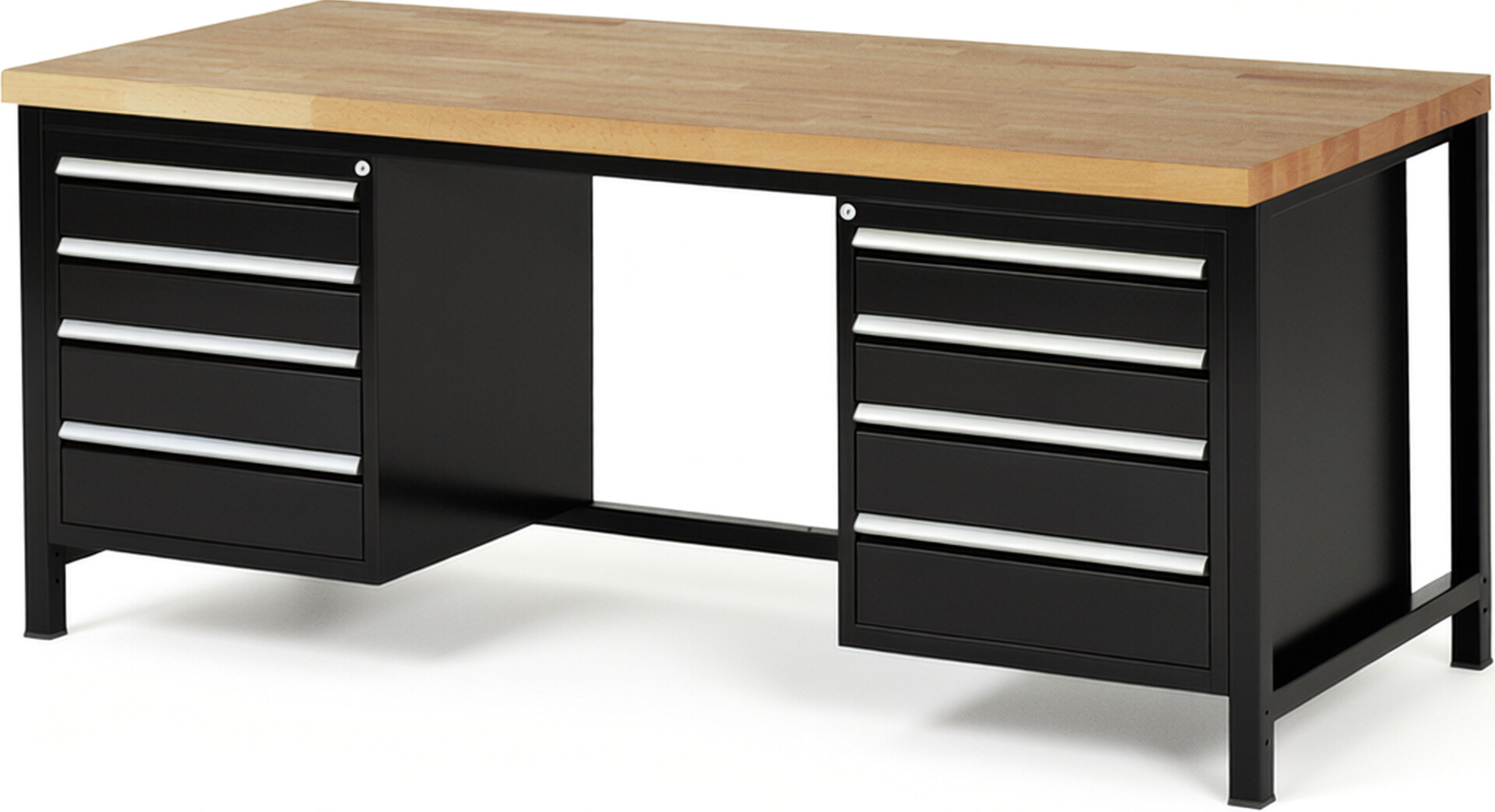 Werkbank Modell 8181 schwarz, BxTxH 2000x900x840-1040 mm,  Buche-Massiv Arbeitsplatte 40 mm,  8 Schubladen mit  Auszug 90 %