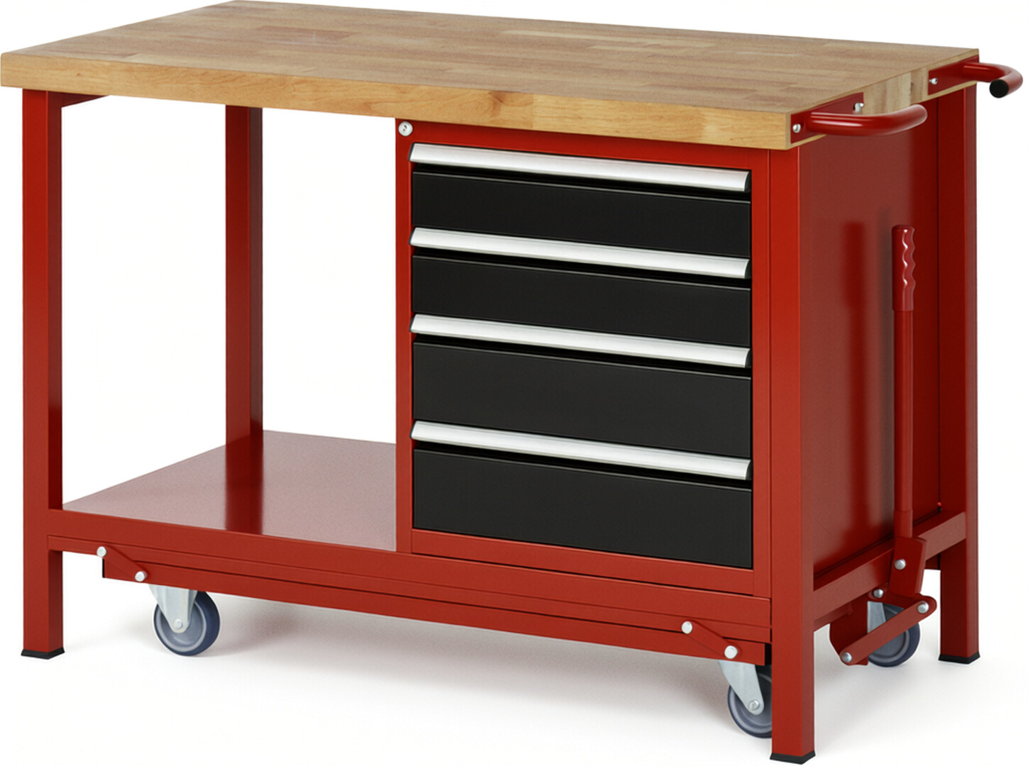 Absenkbare Werkbank Modell 8162 rot - schwarz, BxTxH 1250x700x880 mm,  Buche-Massiv Arbeitsplatte 40 mm,  4 Schubladen mit  Vollauszug 100 % und  SoftClosing