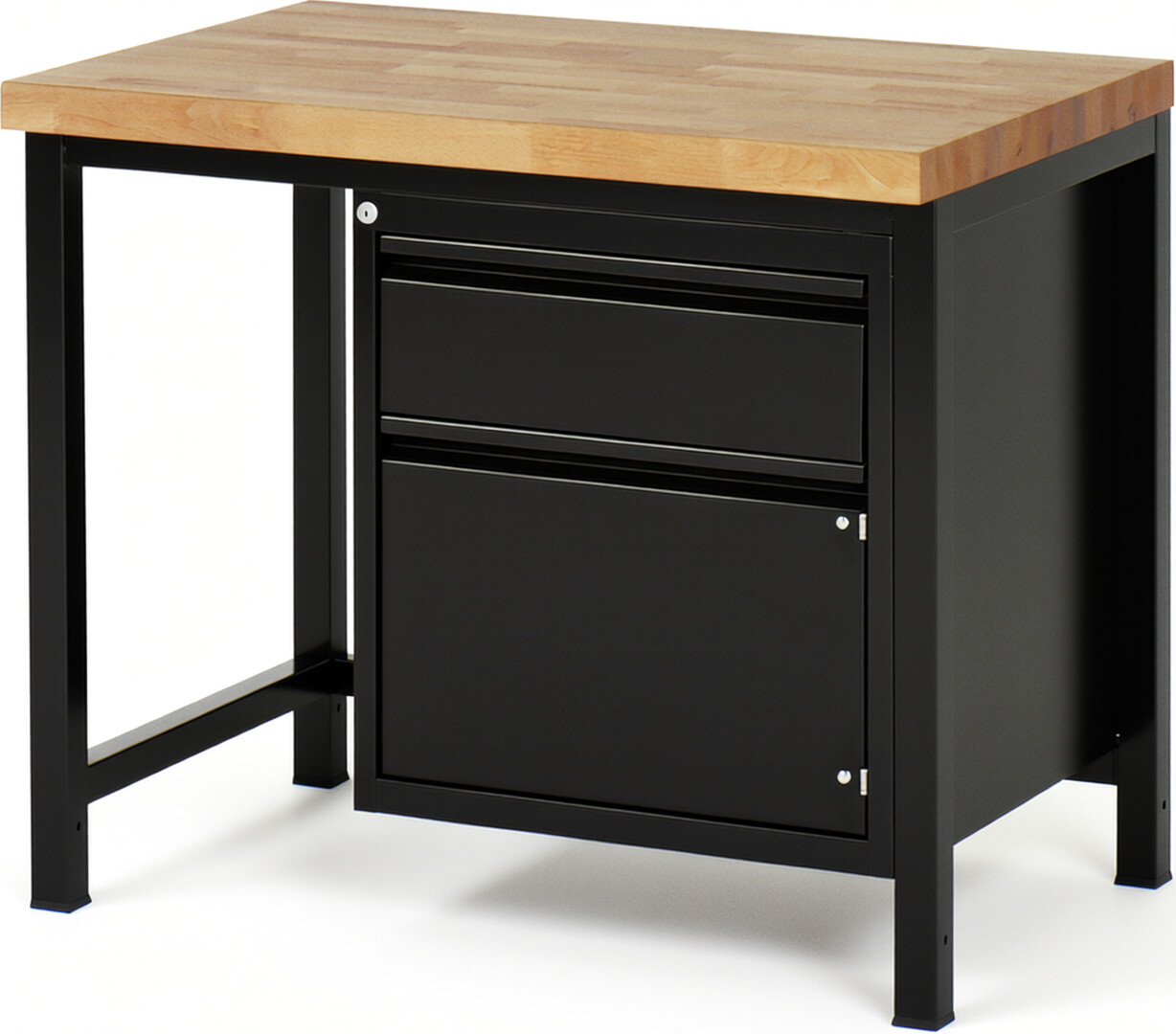 Werkbank schwarz, BxTxH 1000x700x840-1040 mm, Platte Buche 40 mm, 1 Schublade 180 mm, 1 Tür 360 mm, RAL 9011/9011