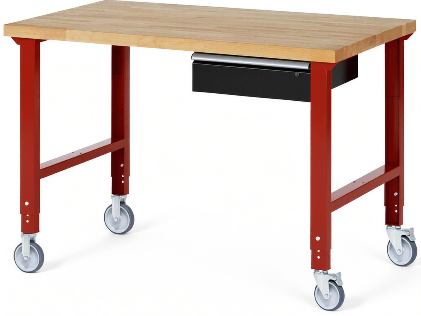 Fahrbare Werkbank Modell 7001 rot - schwarz, BxTxH 1500x900x950-1000 mm,  Buche-Massiv Arbeitsplatte 40 mm,  1 Schublade mit  Auszug 90 %