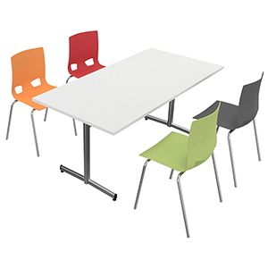 Tisch, BxTxH 1600x800x740 mm, T-Fuß-Gestell verchromt, gerade Kufen, Tischplatte HPL weiß