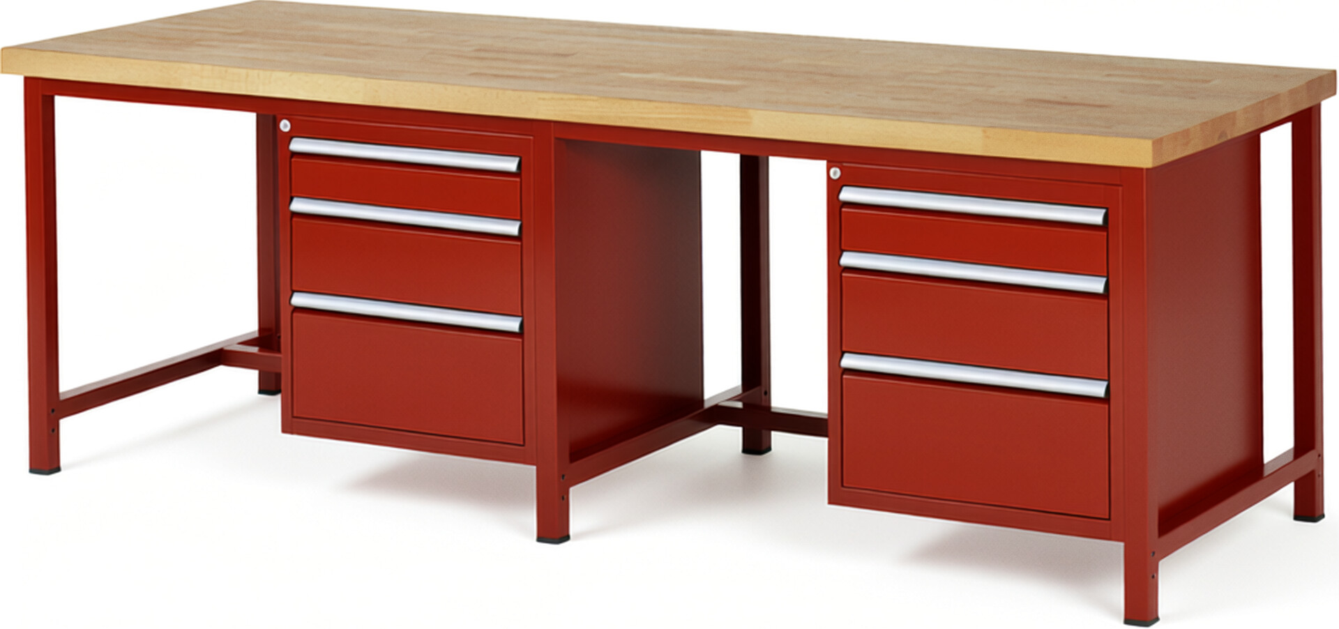 Werkbank Modell 8159 rot, BxTxH 2500x900x840-1040 mm,  Buche-Massiv Arbeitsplatte 40 mm,  6 Schubladen mit  Auszug 90 %