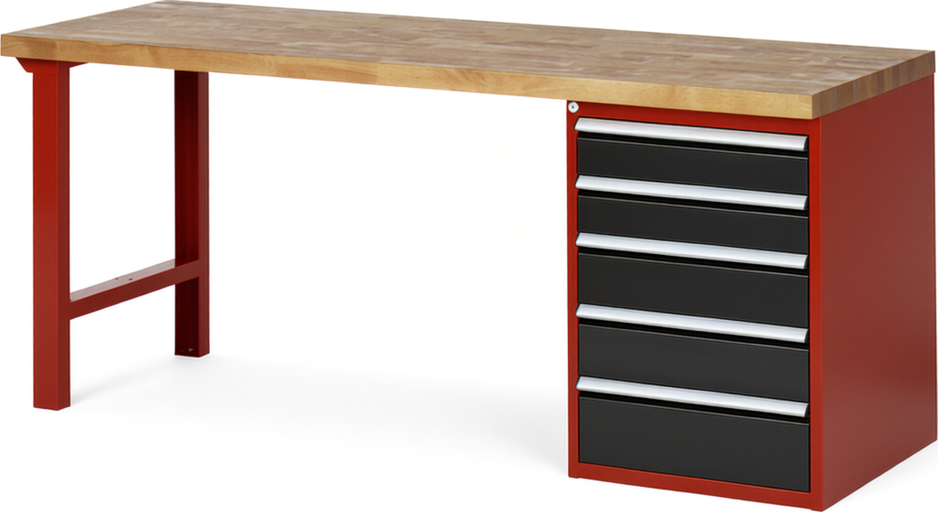 Werkbank Modell 7513 rot - schwarz, BxTxH 2000x700x840 mm,  Buche-Massiv Arbeitsplatte 40 mm,  5 Schubladen mit  Vollauszug 100 % und  SoftClosing