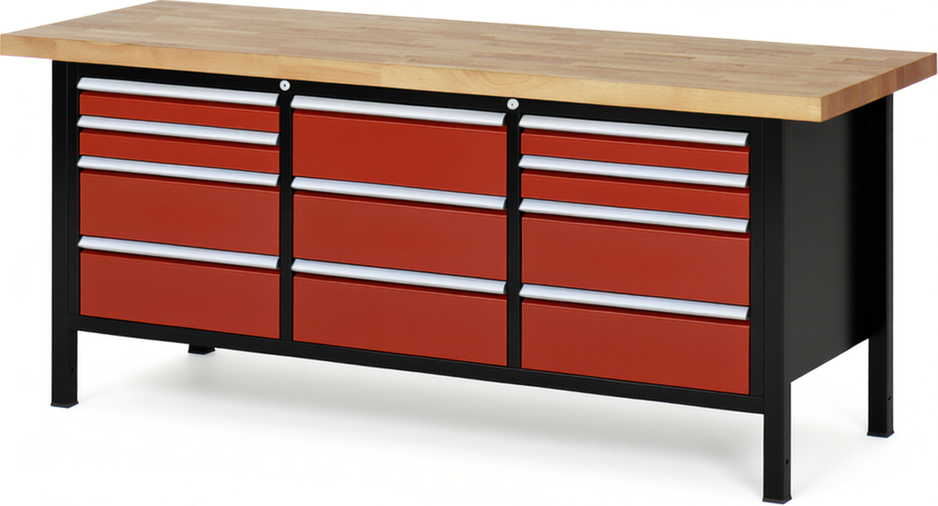 RAU Werkbank schwarz - rot - Breite 200 cm - Tiefe 70 cm - Höhe 104 cm - Buche-Massiv Arbeitsplatte 40 mm