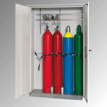 Druckgasflaschenschrank, für Außenbereich, Edelstahlsockel, 5 Flaschenplätze, Türen mit Fenster, 2.149 x 1.356 x 400 mm (HxBxT), Farbe lichtgrau