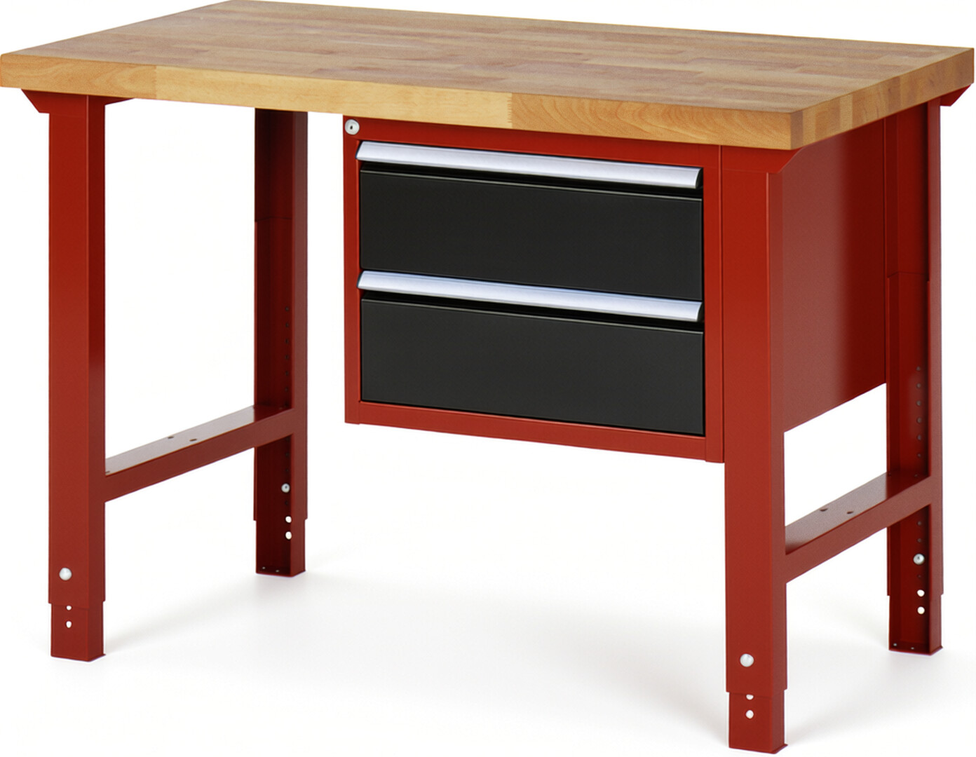 Werkbank Modell 7125 rot - schwarz, BxTxH 1250x700x790-1140 mm,  Buche-Massiv Arbeitsplatte 40 mm,  2 Schubladen mit  Auszug 90 %