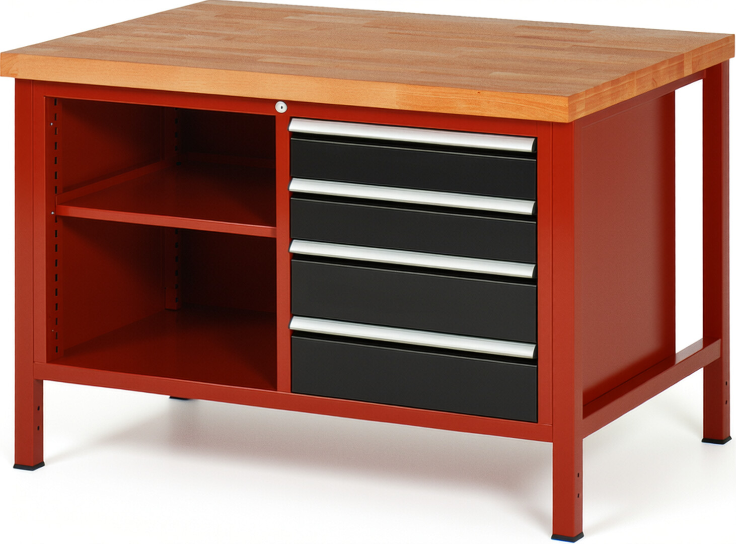 Werkbank Modell 8463 rot - schwarz, BxTxH 1250x900x840-1040 mm,  Buche-Massiv Arbeitsplatte 40 mm,  4 Schubladen mit  Auszug 90 %