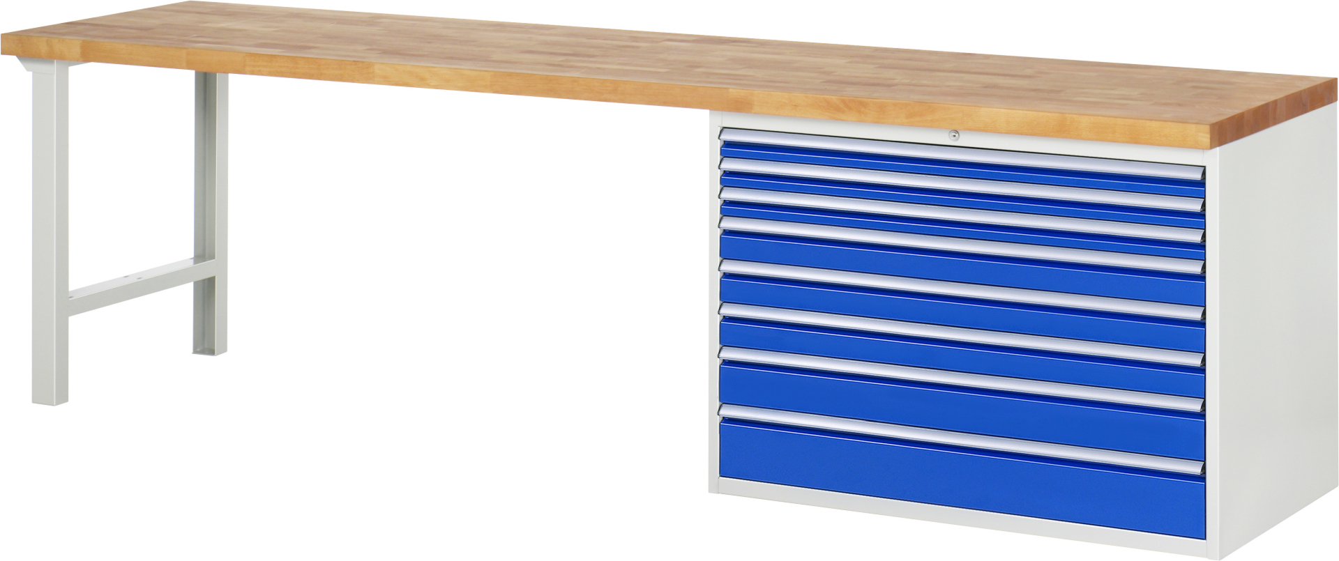 Werkbank Modell 7719 rot - schwarz, BxTxH 3000x700x840 mm,  Buche-Massiv Arbeitsplatte 40 mm,  8 Schubladen mit  Auszug 90 %