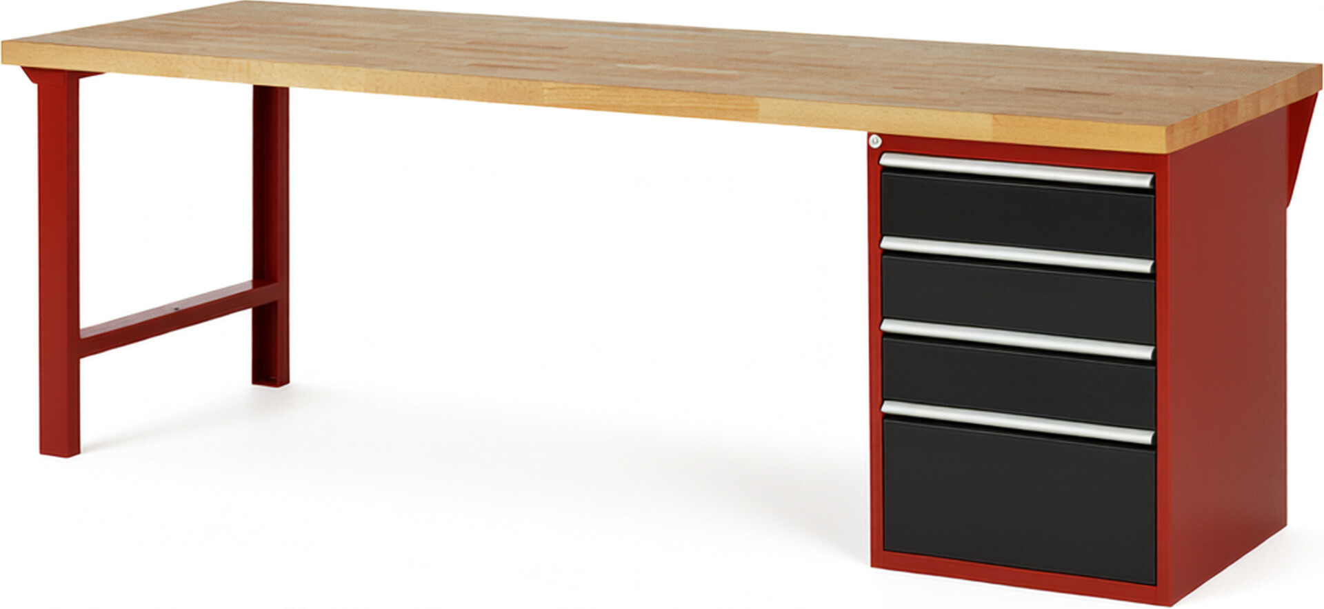 RAU Werkbank rot - schwarz - Breite 250 cm - Tiefe 90 cm - Höhe 89 cm - Buche-Massiv Arbeitsplatte 40 mm