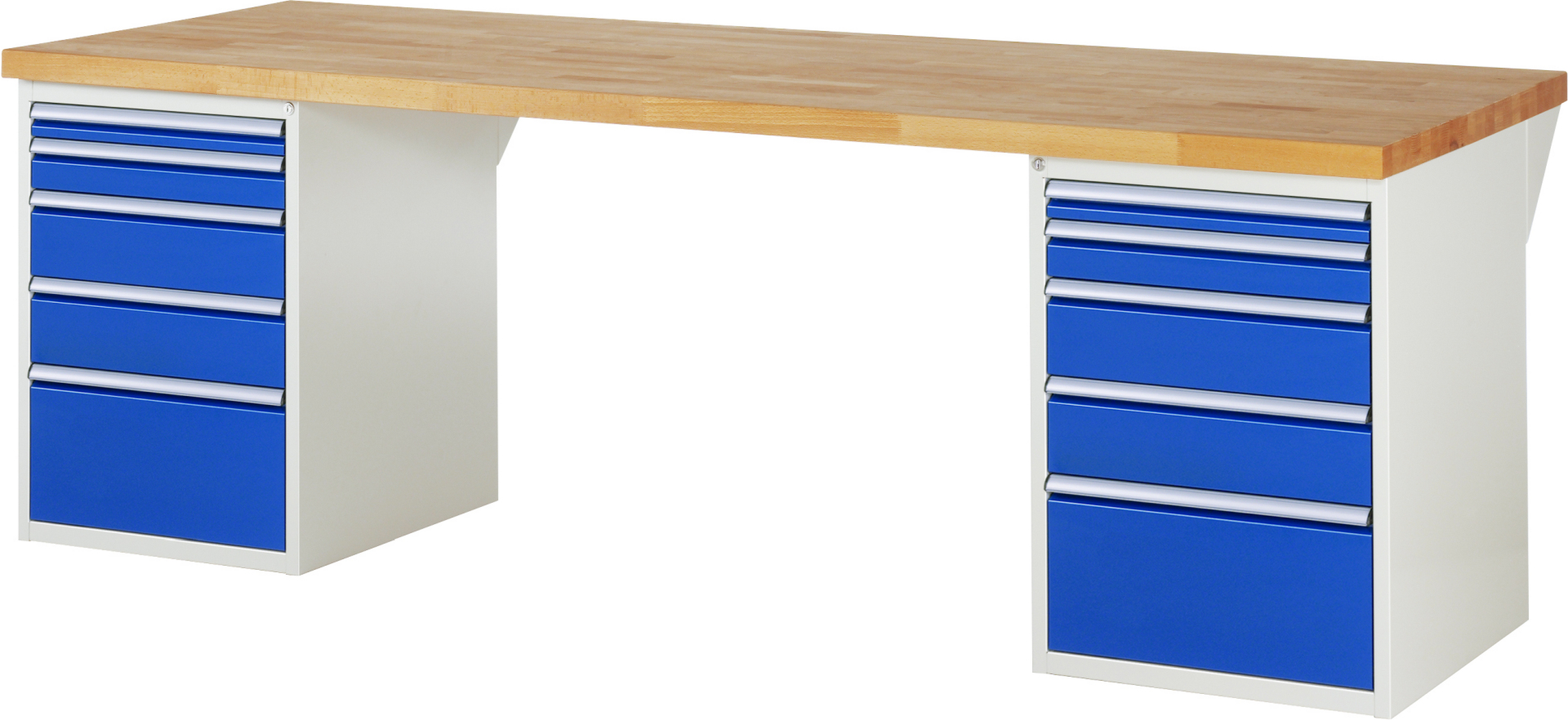 Werkbank Modell 7511 rot - schwarz, BxTxH 2500x900x840 mm,  Buche-Massiv Arbeitsplatte 40 mm,  10 Schubladen mit  Vollauszug 100 % und  SoftClosing