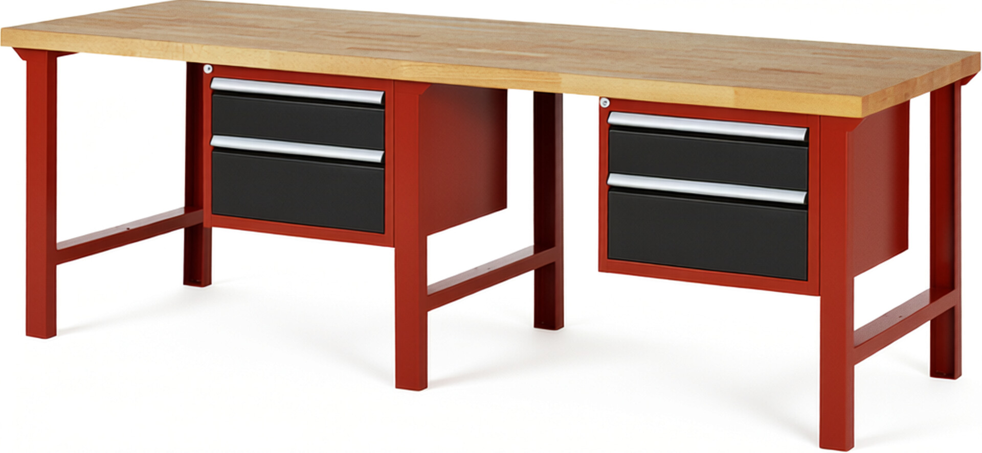 Werkbank Modell 7123 rot - schwarz, BxTxH 2500x900x840 mm,  Buche-Massiv Arbeitsplatte 40 mm,  4 Schubladen mit  Vollauszug 100 % und  SoftClosing