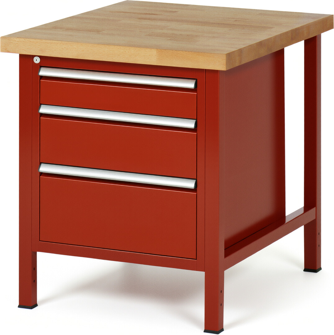 Werkbank Modell 8159 rot, BxTxH 750x900x840-1040 mm,  Buche-Massiv Arbeitsplatte 40 mm,  3 Schubladen mit  Vollauszug 100 % und  SoftClosing