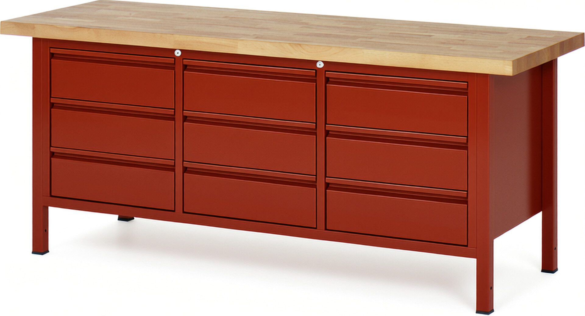Werkbank rot, BxTxH 2000x700x840 mm, Platte Buche 40 mm, 9 Schbladen 180 mm, RAL 3000/3000